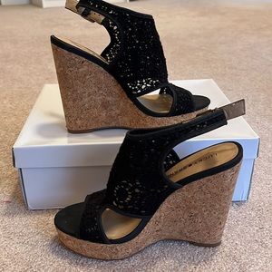 NEW Lucky Brand Raziah Black Lace Cork Wedge Sandal | Size 7